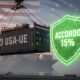 Bandiere dell'Unione Europea e degli Stati Uniti d'America con container merci, a rappresentare il nuovo accordo sui dazi doganali al 15%.