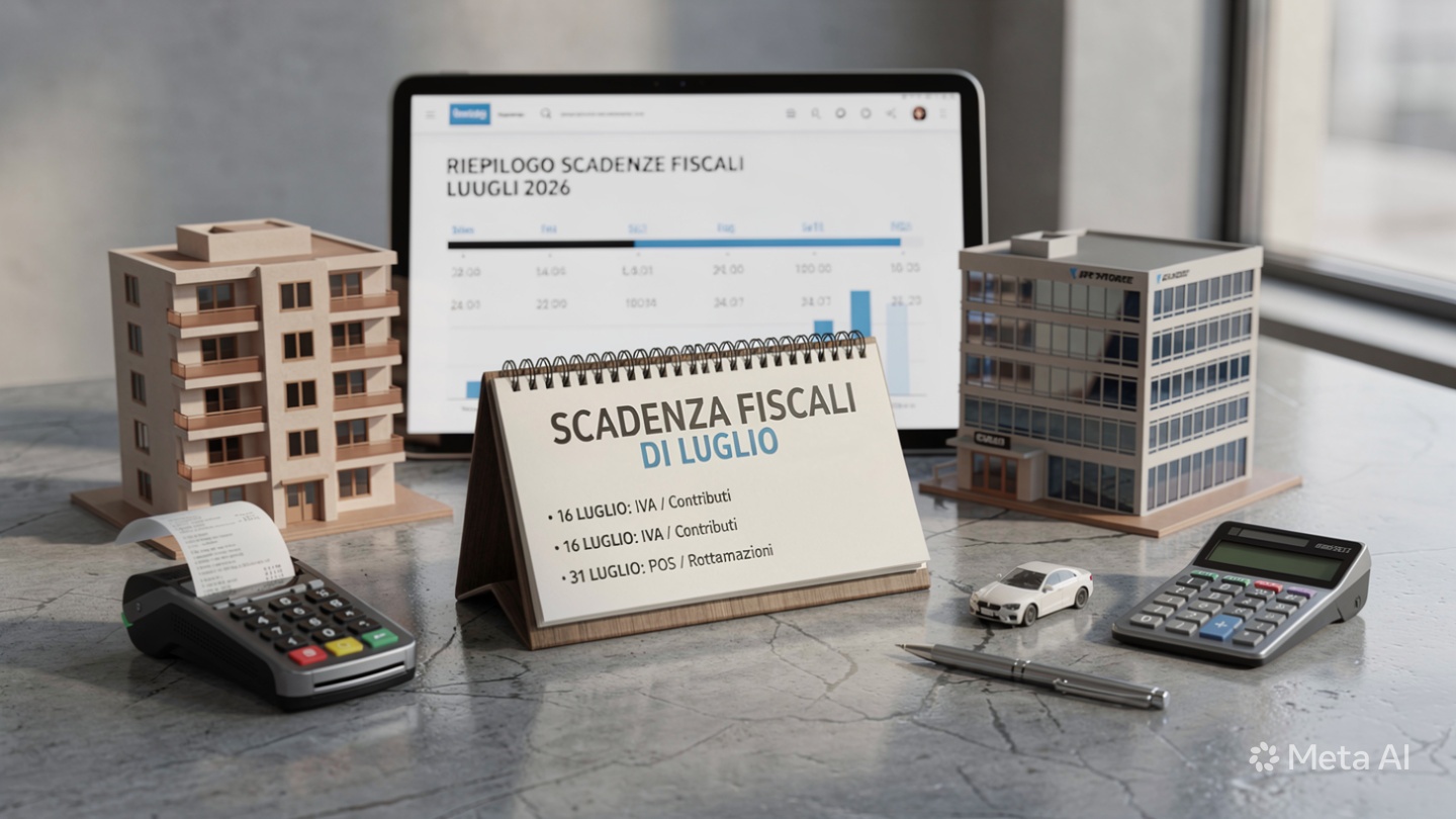 Calendario con le date di luglio evidenziate in rosso e moduli fiscali, a rappresentare le scadenze tributarie del mese.