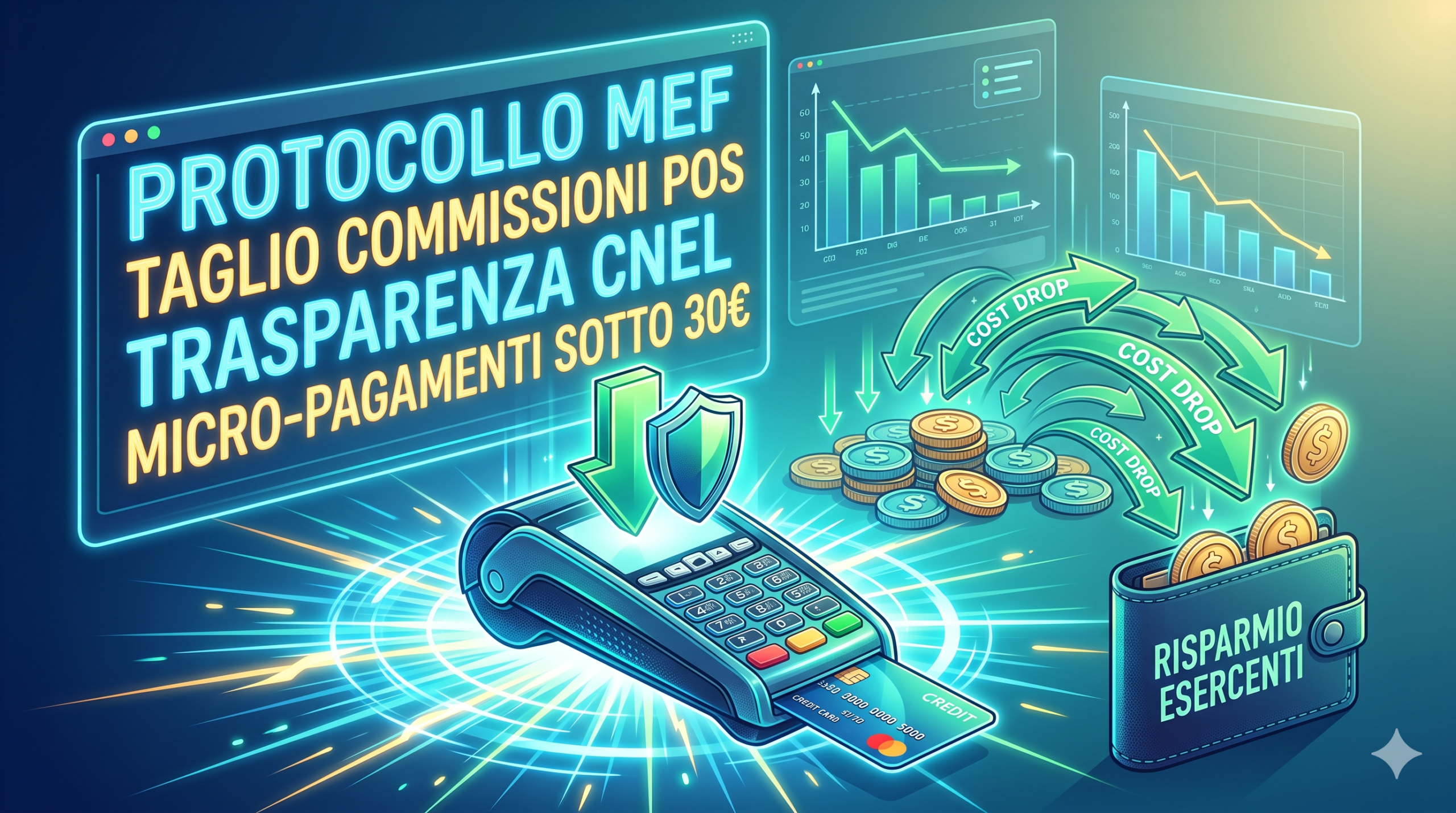 Terminale POS e carta di credito, a simboleggiare il taglio delle commissioni per commercianti ed esercenti.