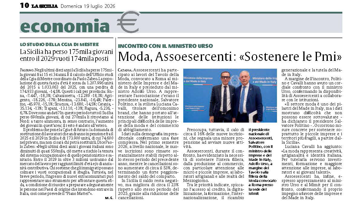La Sicilia 19 Luglio 2026 | Moda, Sooesercenti – Incontro con il Ministro Urso: Sostenere le PMI
