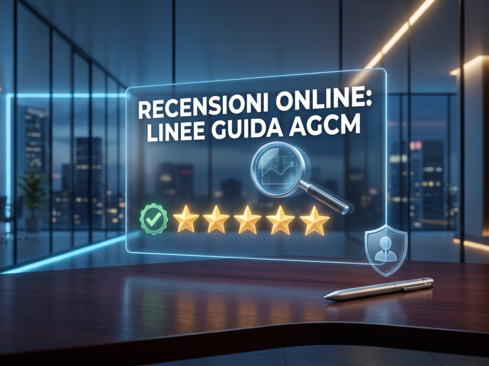 Schermo di uno smartphone che visualizza valutazioni a 5 stelle, a rappresentare le nuove Linee Guida dell'AGCM sulle recensioni online.