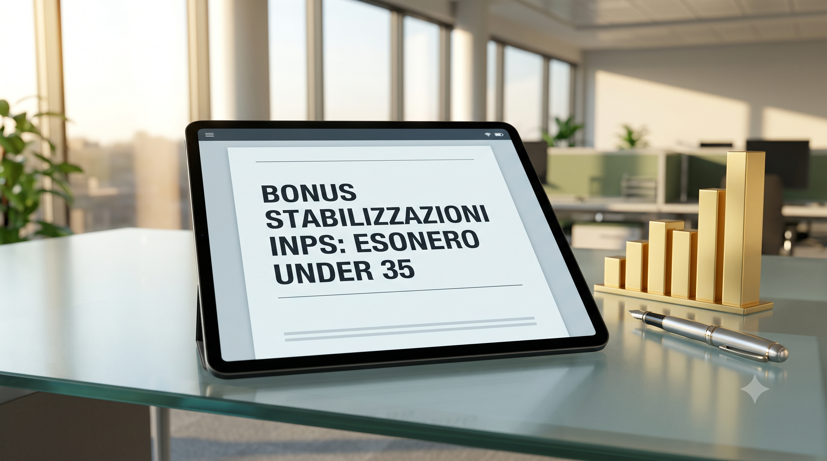 Giovane lavoratore in ufficio e documenti INPS, a simboleggiare le assunzioni agevolate e l'esonero per gli under 35.