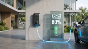 Auto elettrica in carica collegata a una wall box domestica, a simboleggiare il bonus colonnine statale.