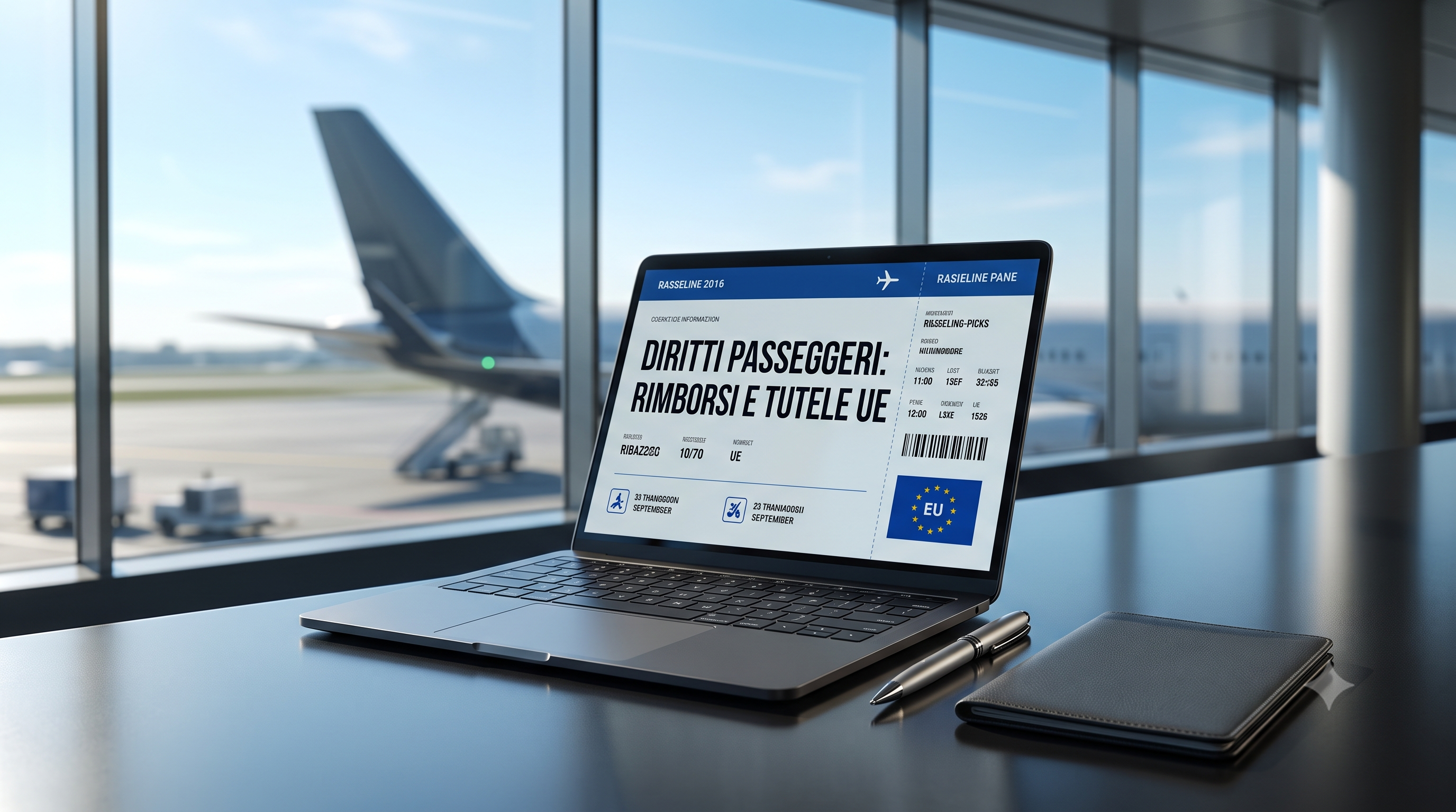 Aereo in pista con passeggeri e bagagli, a simboleggiare i nuovi diritti approvati dall'Unione Europea per i viaggiatori.