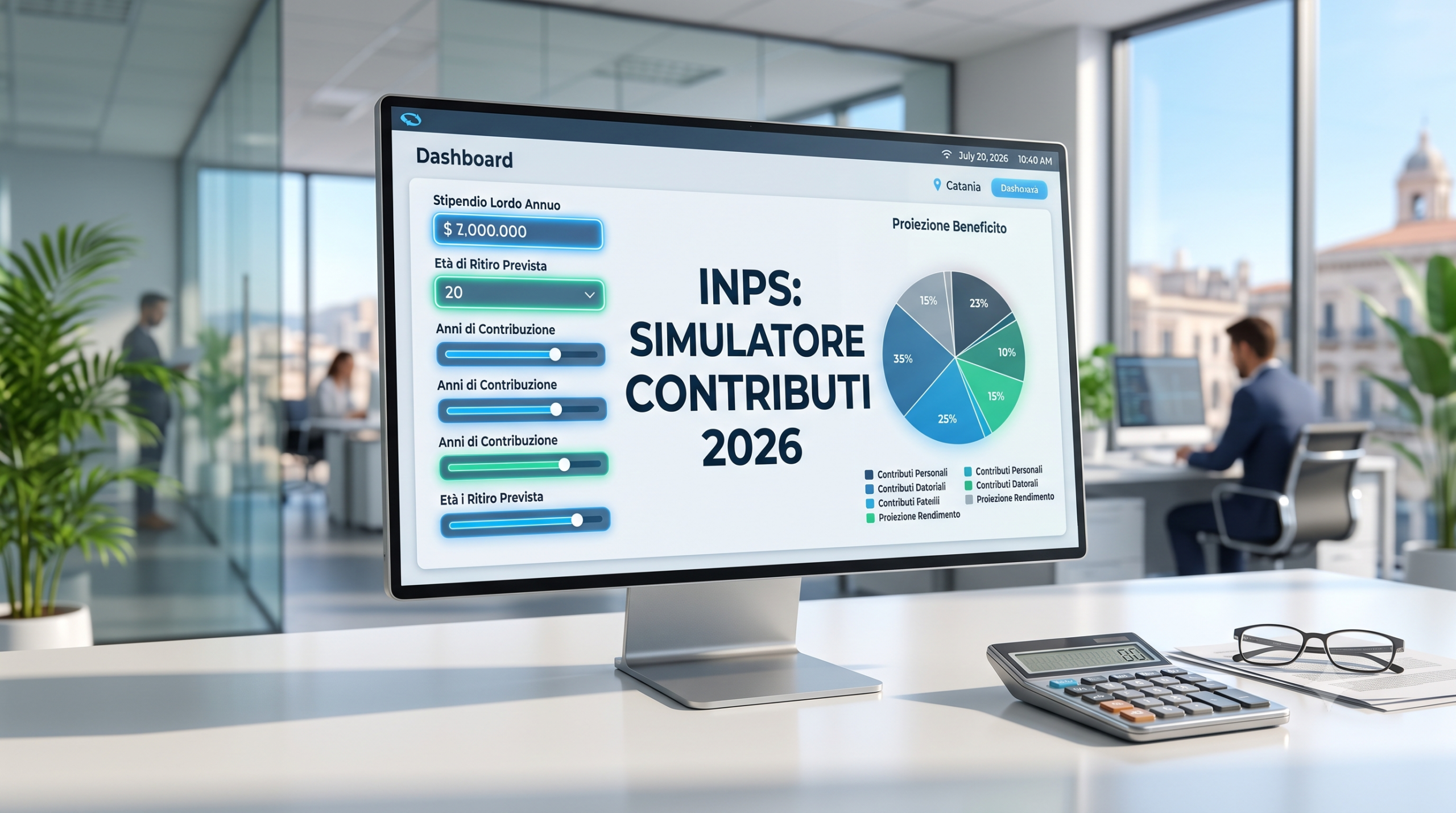 Schermata del portale INPS e calcolatrice, a simboleggiare il nuovo simulatore per il calcolo dei contributi previdenziali di artigiani e commercianti.