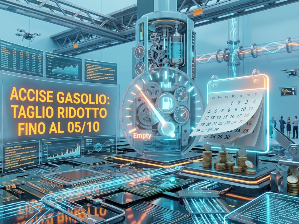 Pistola erogatrice di gasolio in un distributore di carburante, a simboleggiare la riduzione dello sconto sulle accise.