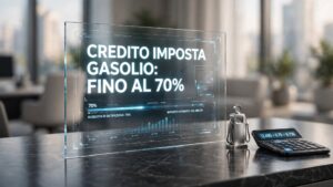 Distributore di carburante e camion, a simboleggiare il credito d'imposta gasolio e le domande sulla piattaforma dell'Agenzia delle Dogane.