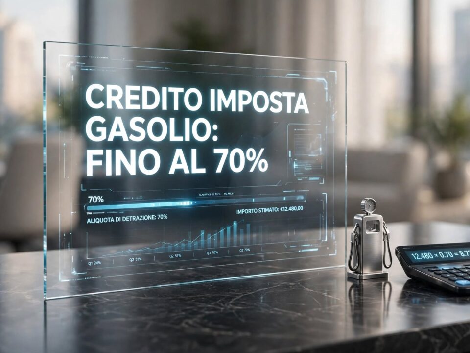 Distributore di carburante e camion, a simboleggiare il credito d'imposta gasolio e le domande sulla piattaforma dell'Agenzia delle Dogane.
