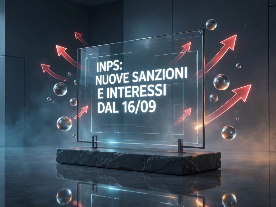 Documenti INPS, calcolatrice e grafici in aumento, a simboleggiare l'incremento delle sanzioni e dei tassi contributivi per le imprese.