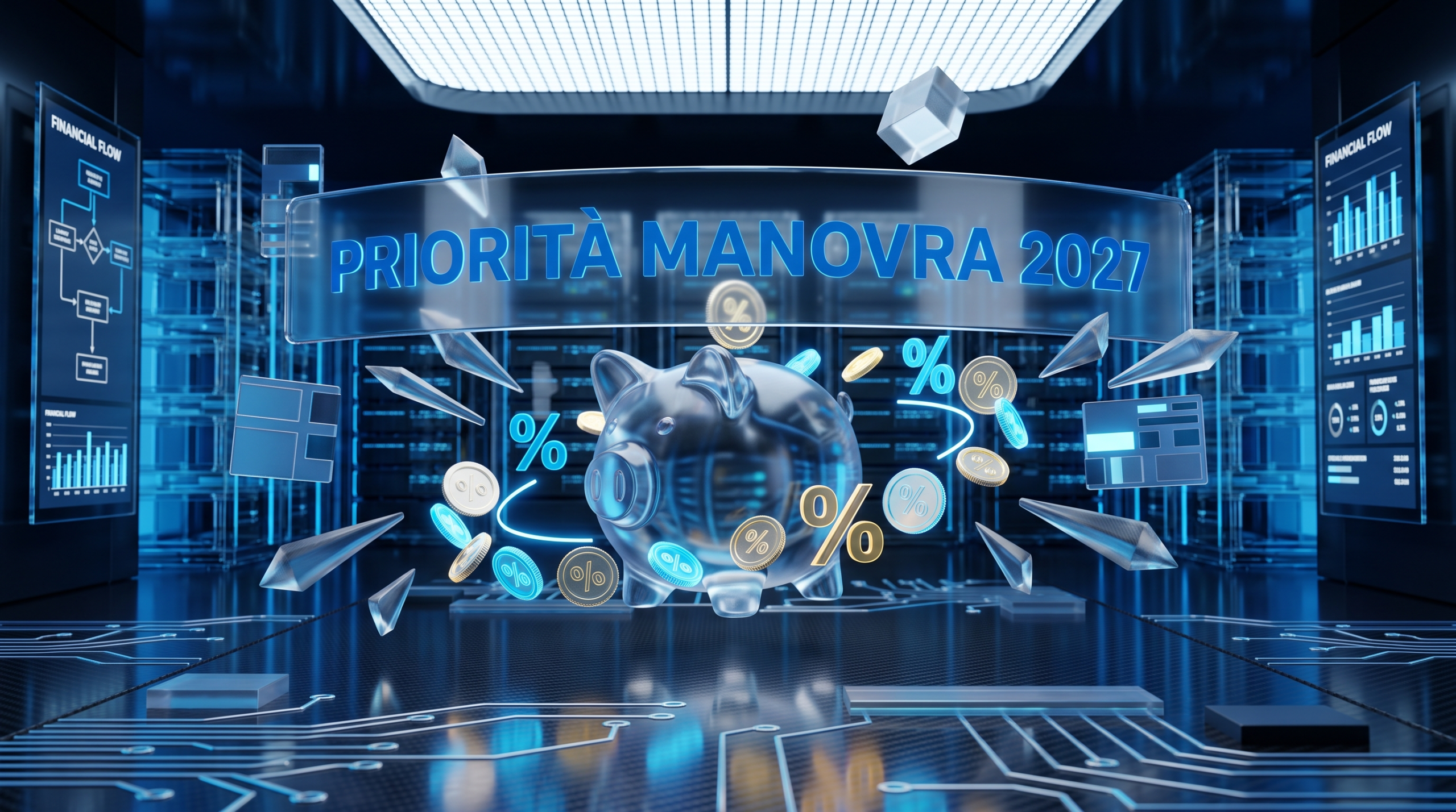 Documenti finanziari, monete e penna su una scrivania, a simboleggiare i calcoli e le riforme per la Legge di Bilancio 2027.