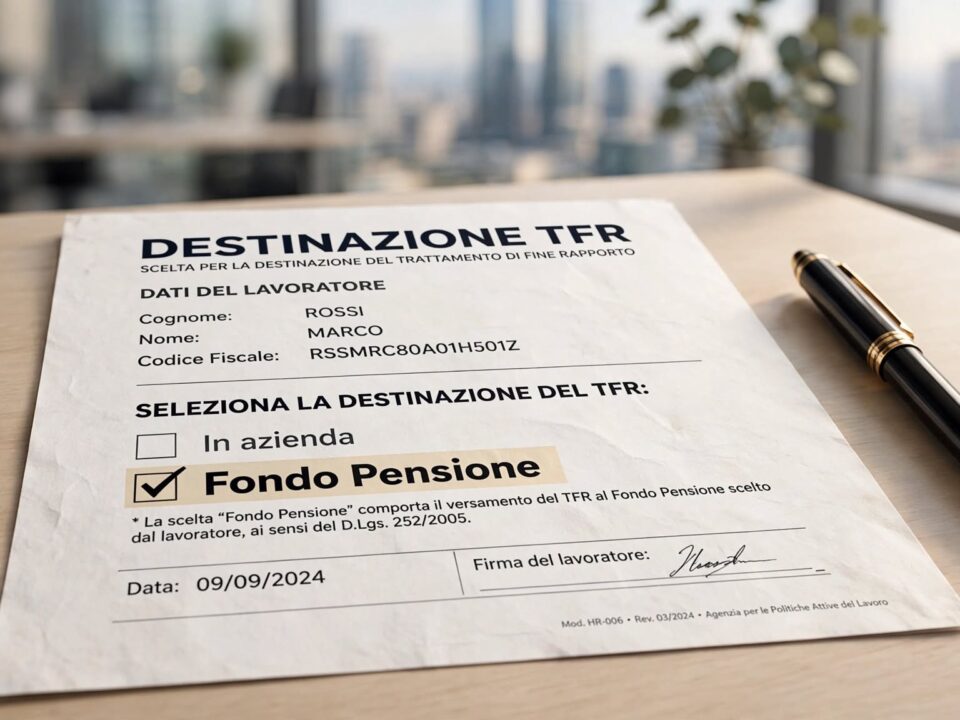 Documenti contrattuali e modulo TFR3 da compilare, a simboleggiare la scelta sulla destinazione del TFR per i neoassunti.