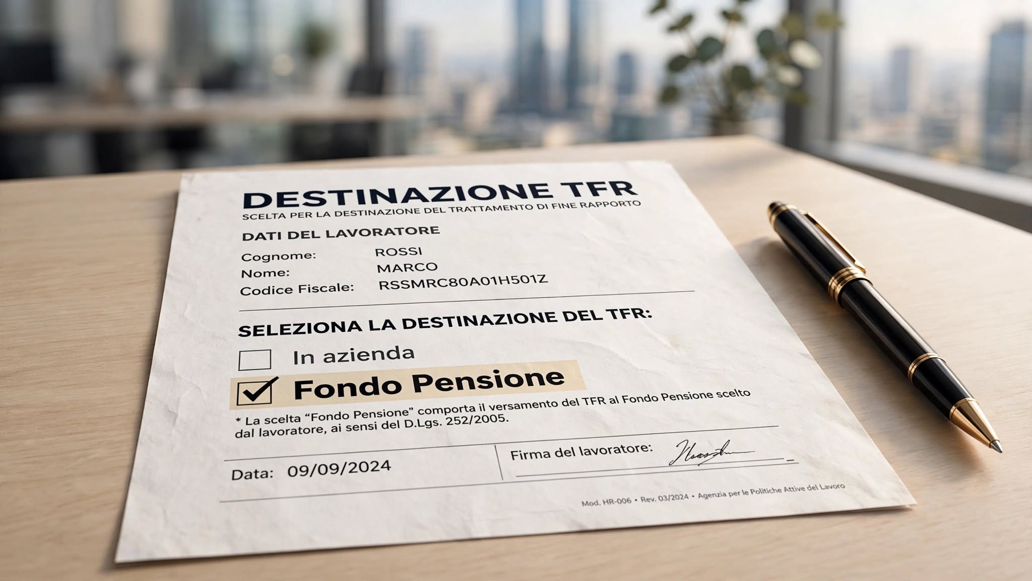 Documenti contrattuali e modulo TFR3 da compilare, a simboleggiare la scelta sulla destinazione del TFR per i neoassunti.