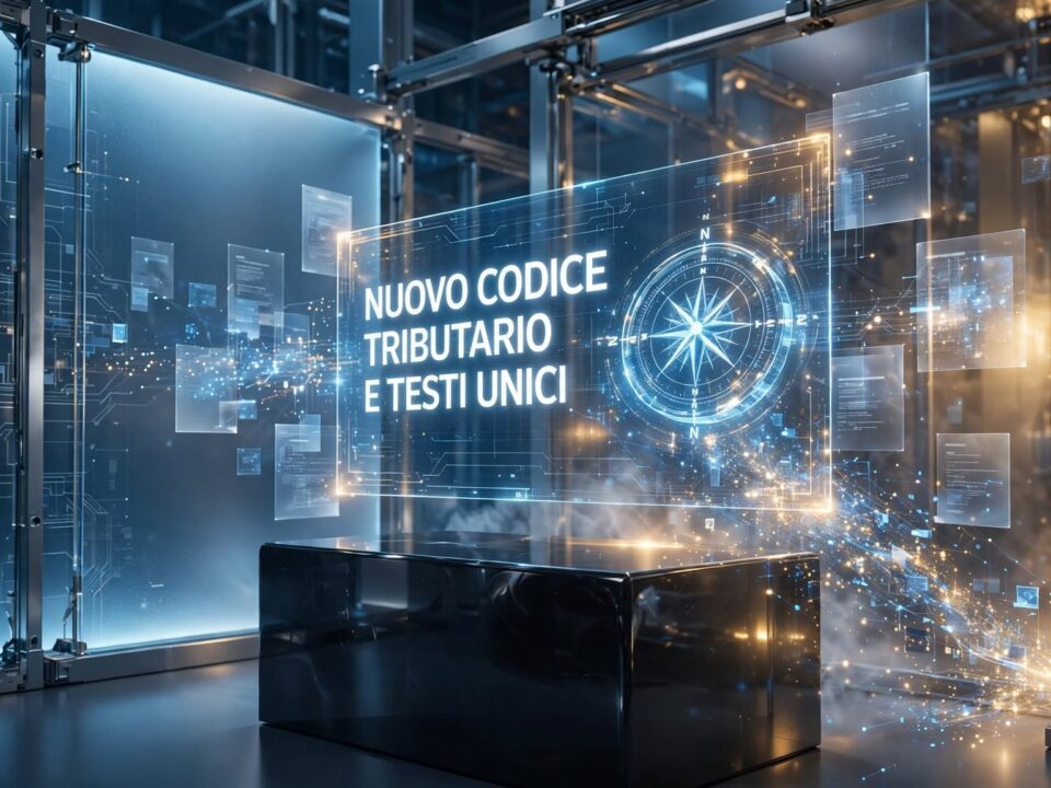 Tastiera di un computer e documenti fiscali, a simboleggiare la transizione digitale verso il nuovo Codice Tributario e i Testi Unici.