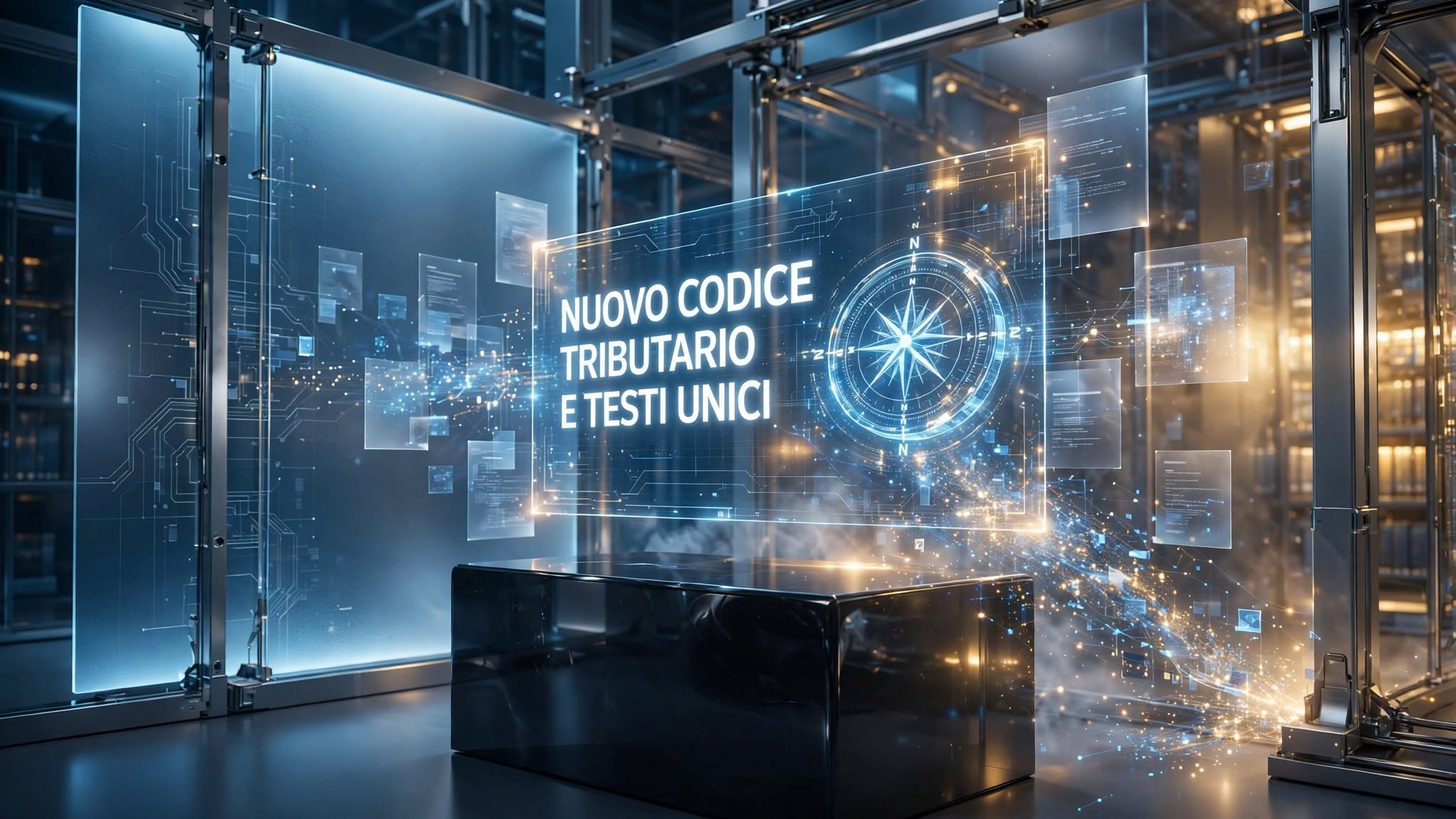 Tastiera di un computer e documenti fiscali, a simboleggiare la transizione digitale verso il nuovo Codice Tributario e i Testi Unici.