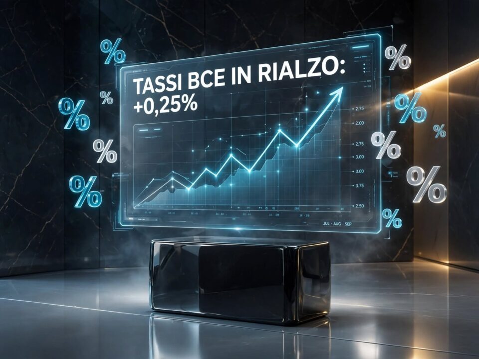 Sede della Banca Centrale Europea e grafici finanziari in rialzo, a simboleggiare l'aumento dei tassi sui mutui e prestiti.