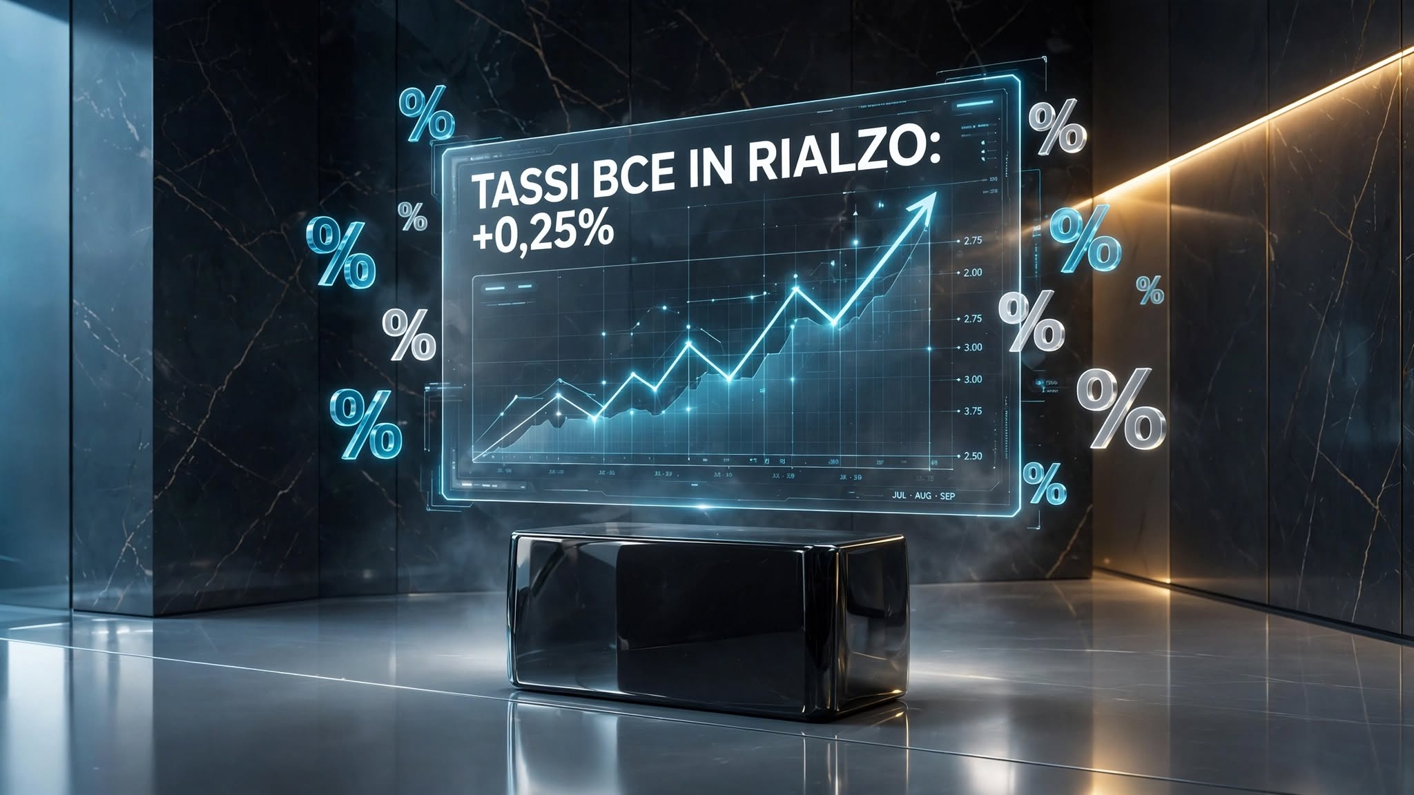 Sede della Banca Centrale Europea e grafici finanziari in rialzo, a simboleggiare l'aumento dei tassi sui mutui e prestiti.