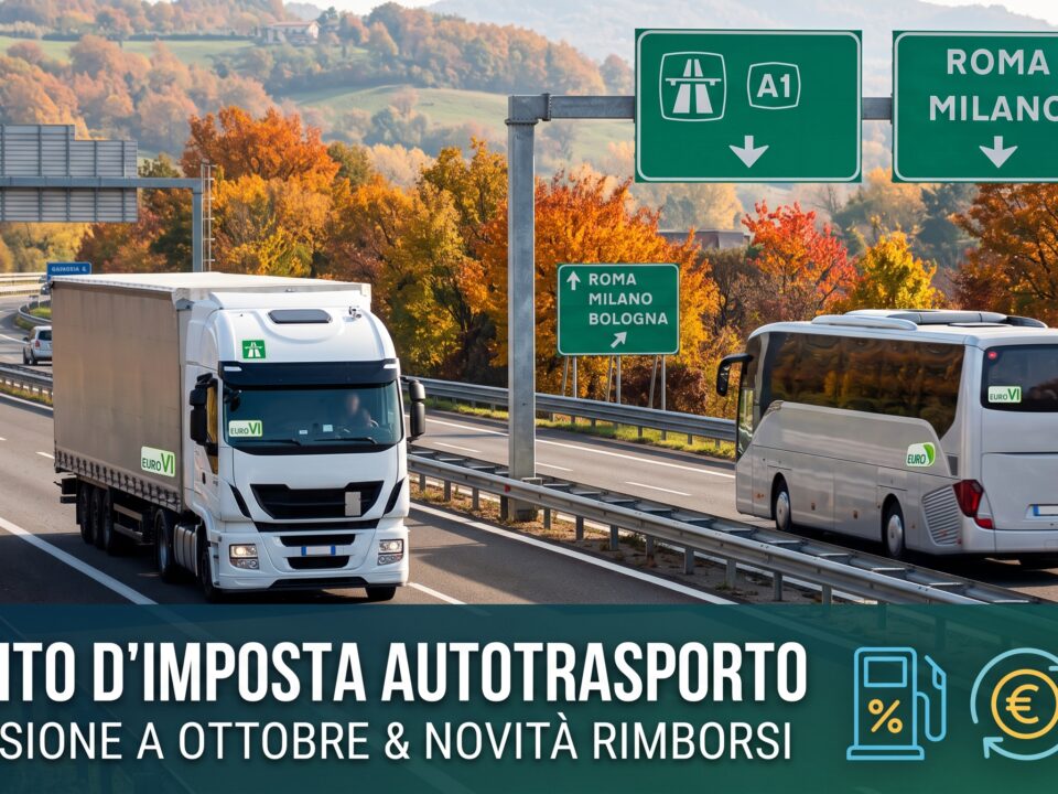 Flotta di camion merci su strada, a simboleggiare il bonus gasolio e il credito d'imposta per l'autotrasporto.