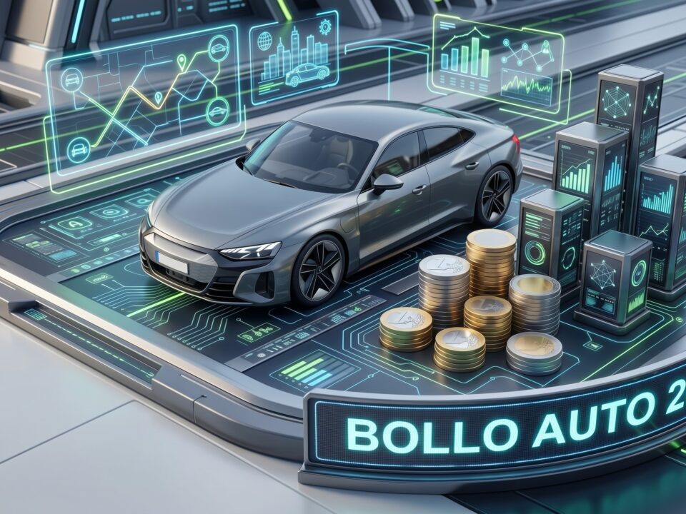 Dettaglio del bollo auto e bandiera dell'Unione Europea, a simboleggiare l'esenzione della tassa tramite i fondi del PNRR.