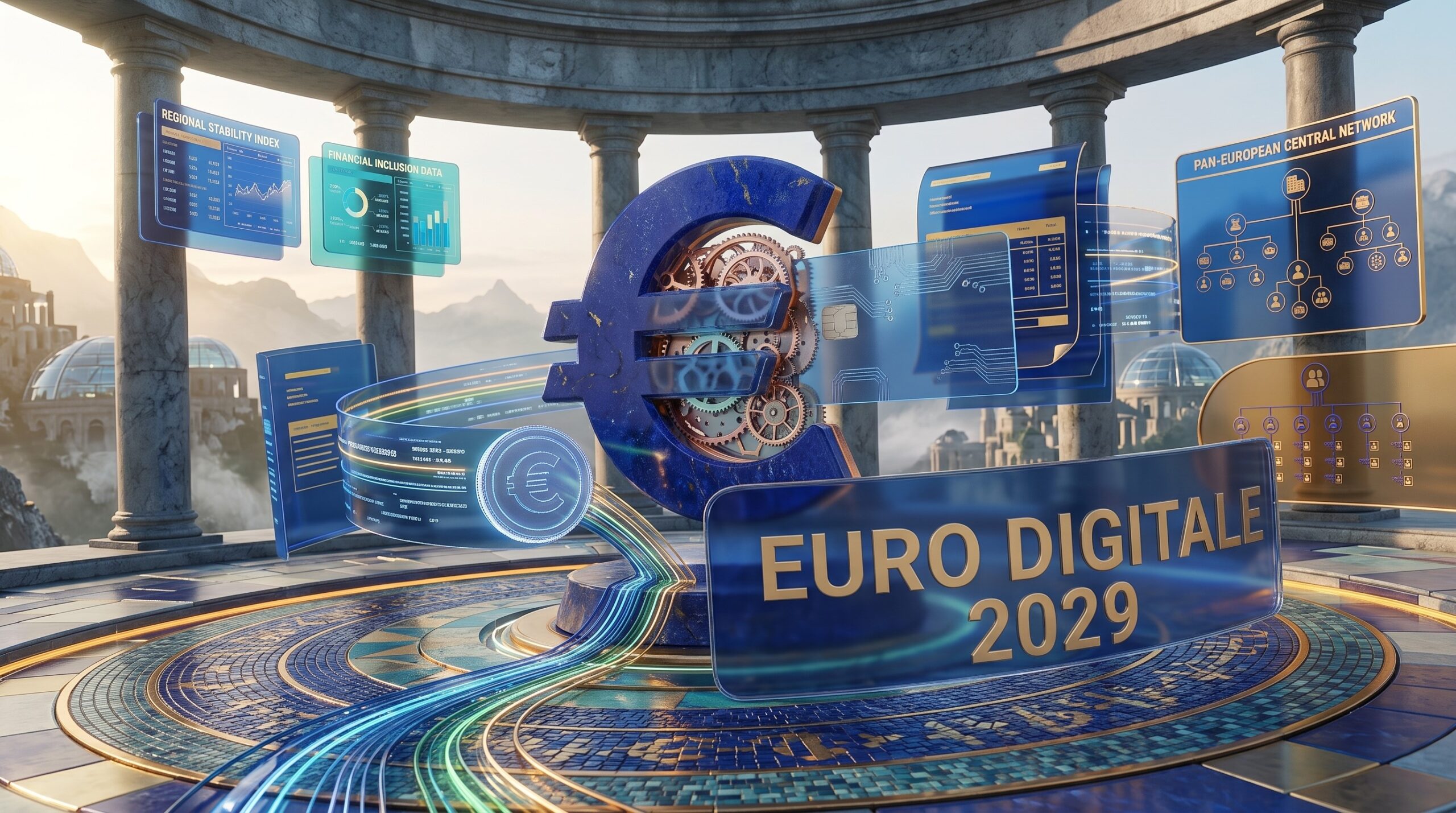 Simbolo dell'euro digitale luminoso e sede della Banca Centrale Europea, a rappresentare l'innovazione dei pagamenti elettronici in Europa.
