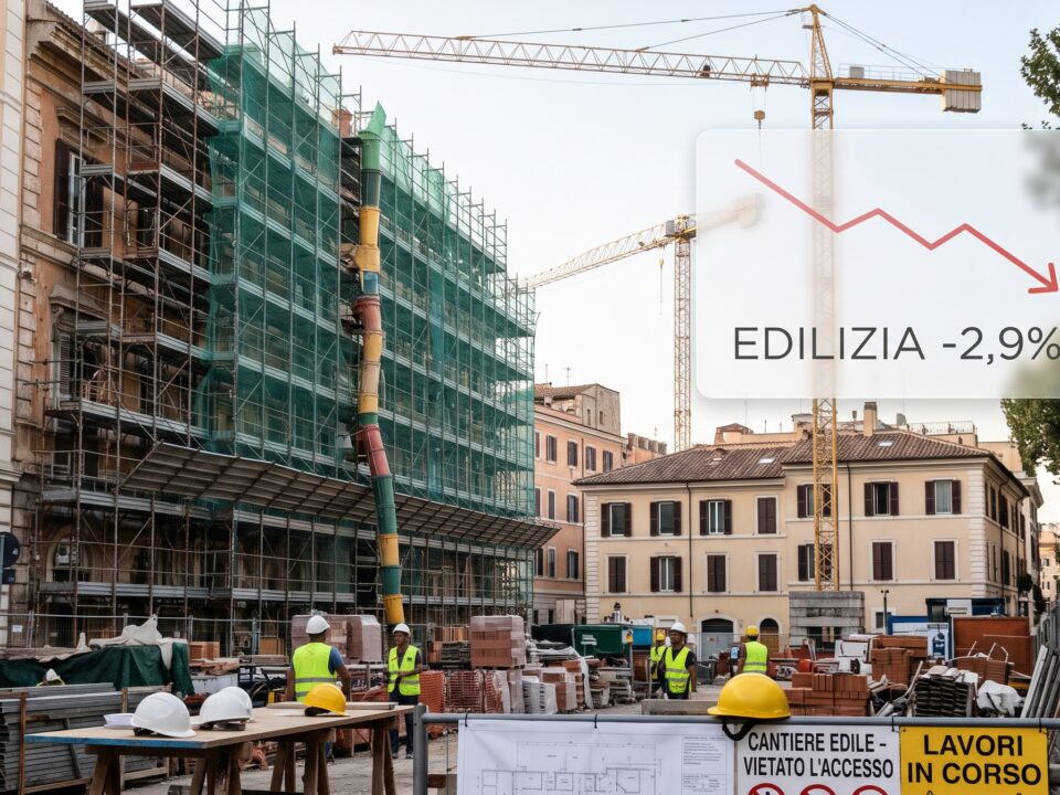 Cantiere edile con gru e ponteggi a simboleggiare il calo della produzione nelle costruzioni rilevato dall'Istat ad agosto 2026.