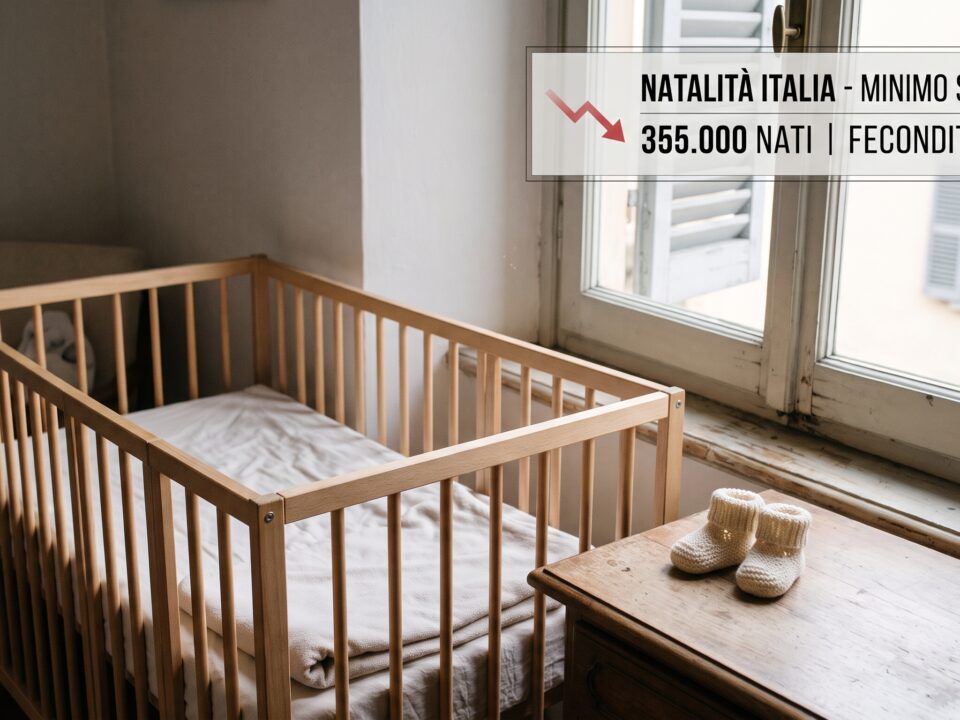 Carrozzina vuota in un contesto urbano a simboleggiare l'inverno demografico e il crollo delle nascite rilevato dall'Istat.