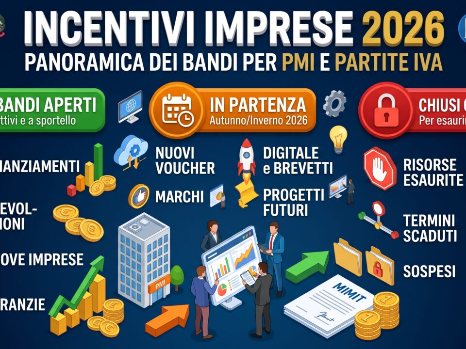 Documenti finanziari, monete e grafici in crescita, a simboleggiare le opportunità di finanziamento e i bandi MIMIT per le imprese nel 2026.