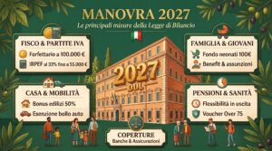 Fascicolo della Legge di Bilancio 2027 sulla scrivania con calcolatrice e monete, simbolo delle novità fiscali per famiglie e imprese.