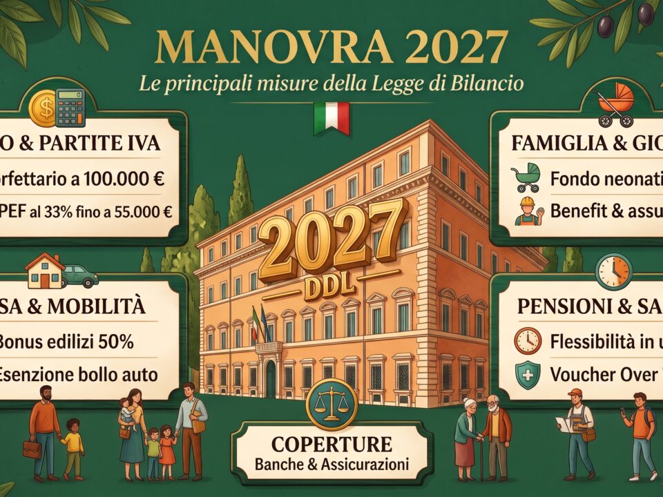 Fascicolo della Legge di Bilancio 2027 sulla scrivania con calcolatrice e monete, simbolo delle novità fiscali per famiglie e imprese.