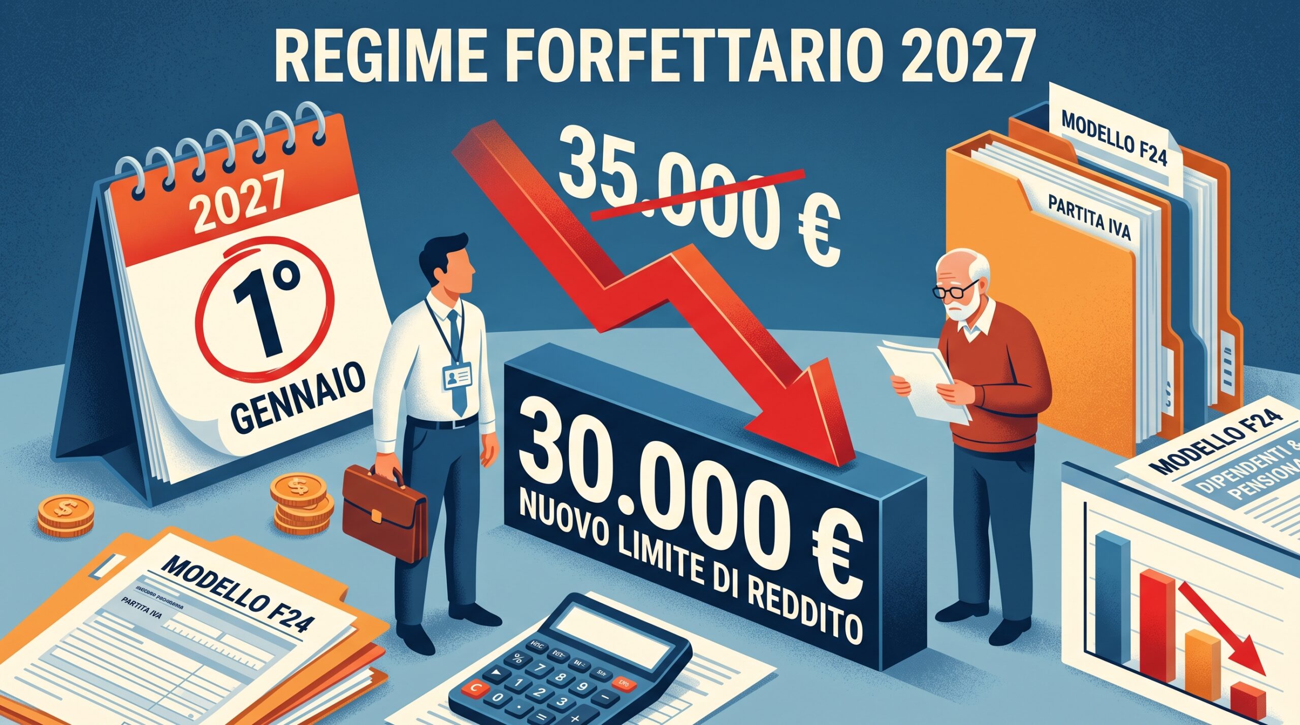 Busta paga, calcolatrice e documenti fiscali, a simboleggiare il tetto di reddito per i dipendenti nel regime forfettario.