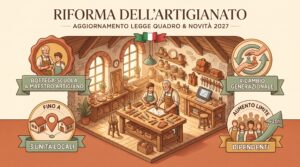 Artigiano al lavoro nel suo laboratorio, a simboleggiare la riforma della qualifica artigiana e l'aumento dei dipendenti previsti dalla Manovra 2027.