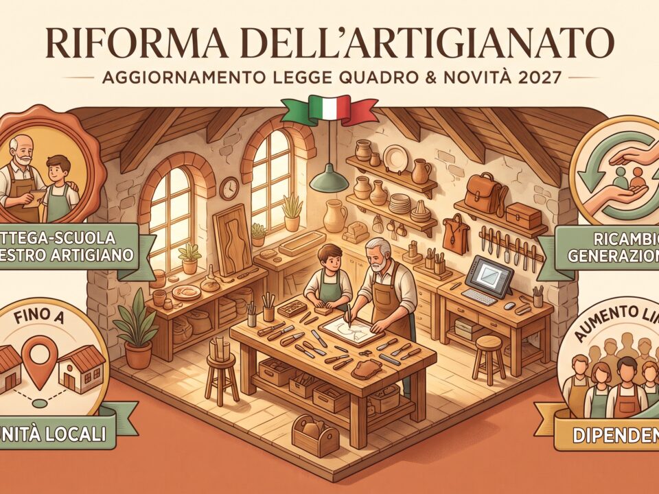 Artigiano al lavoro nel suo laboratorio, a simboleggiare la riforma della qualifica artigiana e l'aumento dei dipendenti previsti dalla Manovra 2027.