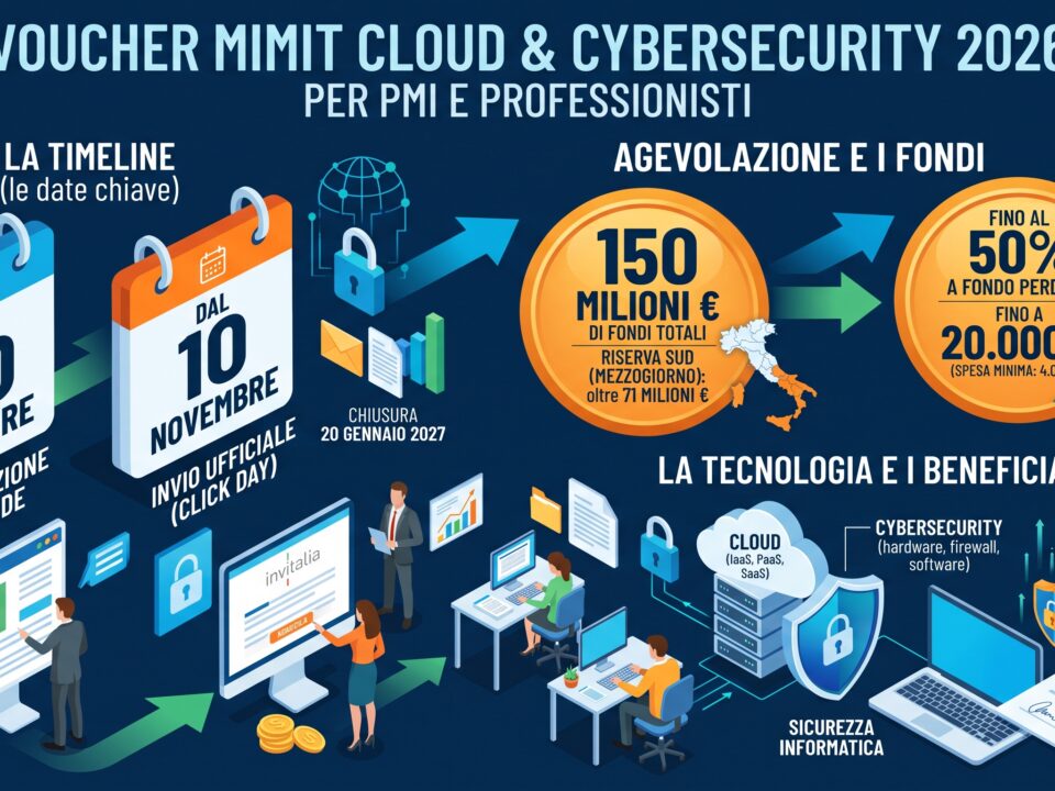 Una rete di computer sicura con lucchetti digitali, a simboleggiare il Voucher Cloud e Cybersecurity del MIMIT per le imprese.